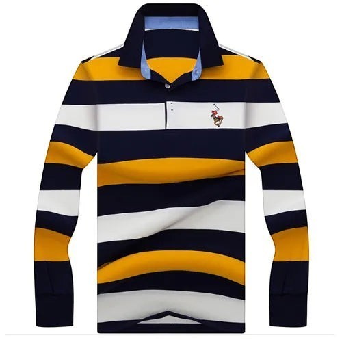 Polo manches longues AKJ Fashion rayé bleu marine, blanc et jaune en coton léger avec broderie sur la poitrine.