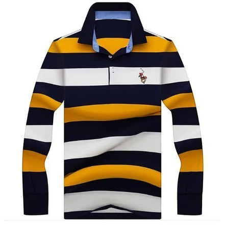 Polo manches longues AKJ Fashion rayé bleu marine, blanc et jaune en coton léger avec broderie sur la poitrine.