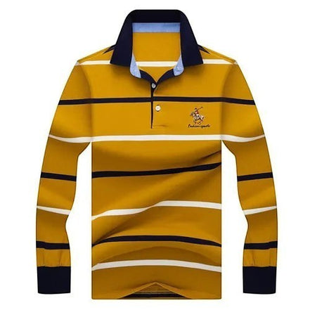 Polo AKJ Fashion à manches longues rayé jaune et bleu marine, col polo, coton léger, broderie joueur de polo sur la poitrine.