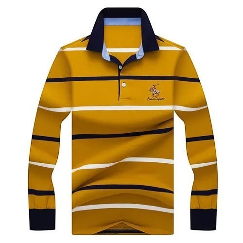 Polo AKJ Fashion à manches longues rayé jaune et bleu marine, col polo, coton léger, broderie joueur de polo sur la poitrine.
