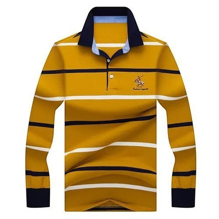 Polo AKJ Fashion à manches longues rayé jaune et bleu marine, col polo, coton léger, broderie joueur de polo sur la poitrine.
