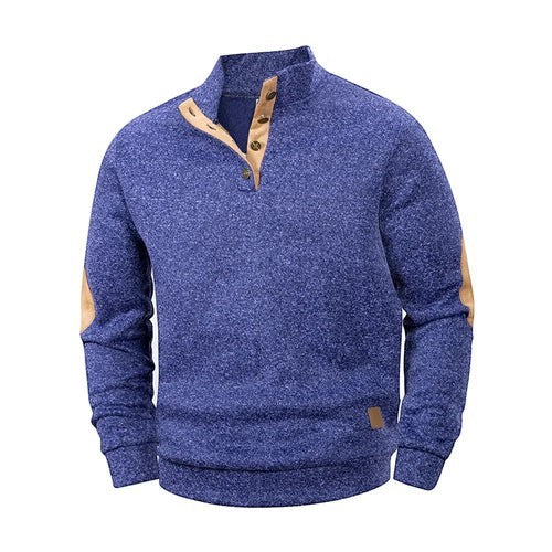 Pull-over AKJ Fashion bleu chiné 100% coton avec coudières contrastantes et col à boutons
