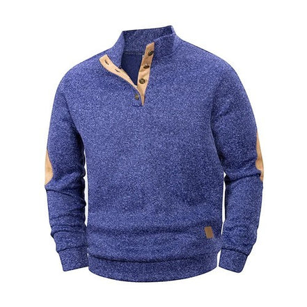 Pull-over AKJ Fashion bleu chiné 100% coton avec coudières contrastantes et col à boutons