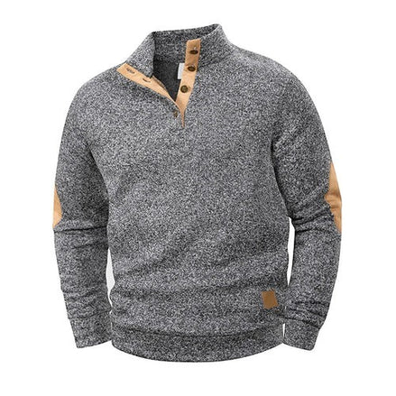 Pull-over AKJ Fashion gris chiné 100% coton avec empiècements aux coudes et col à boutons