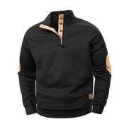 AKJ Fashion pull-over homme noir 100% coton avec col boutonné beige et patchs aux coudes