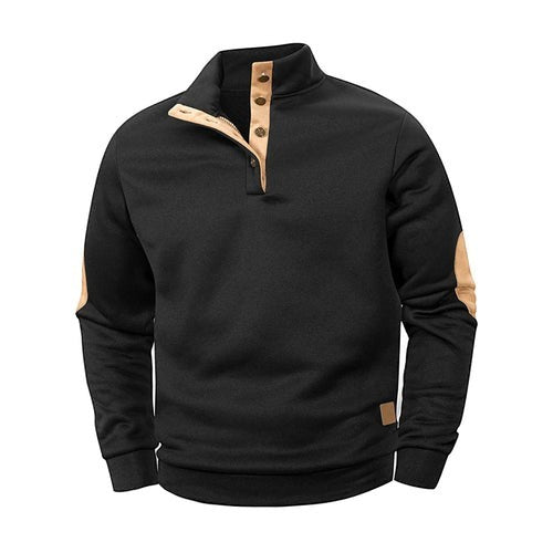 AKJ Fashion pull-over homme noir 100% coton avec col boutonné beige et patchs aux coudes