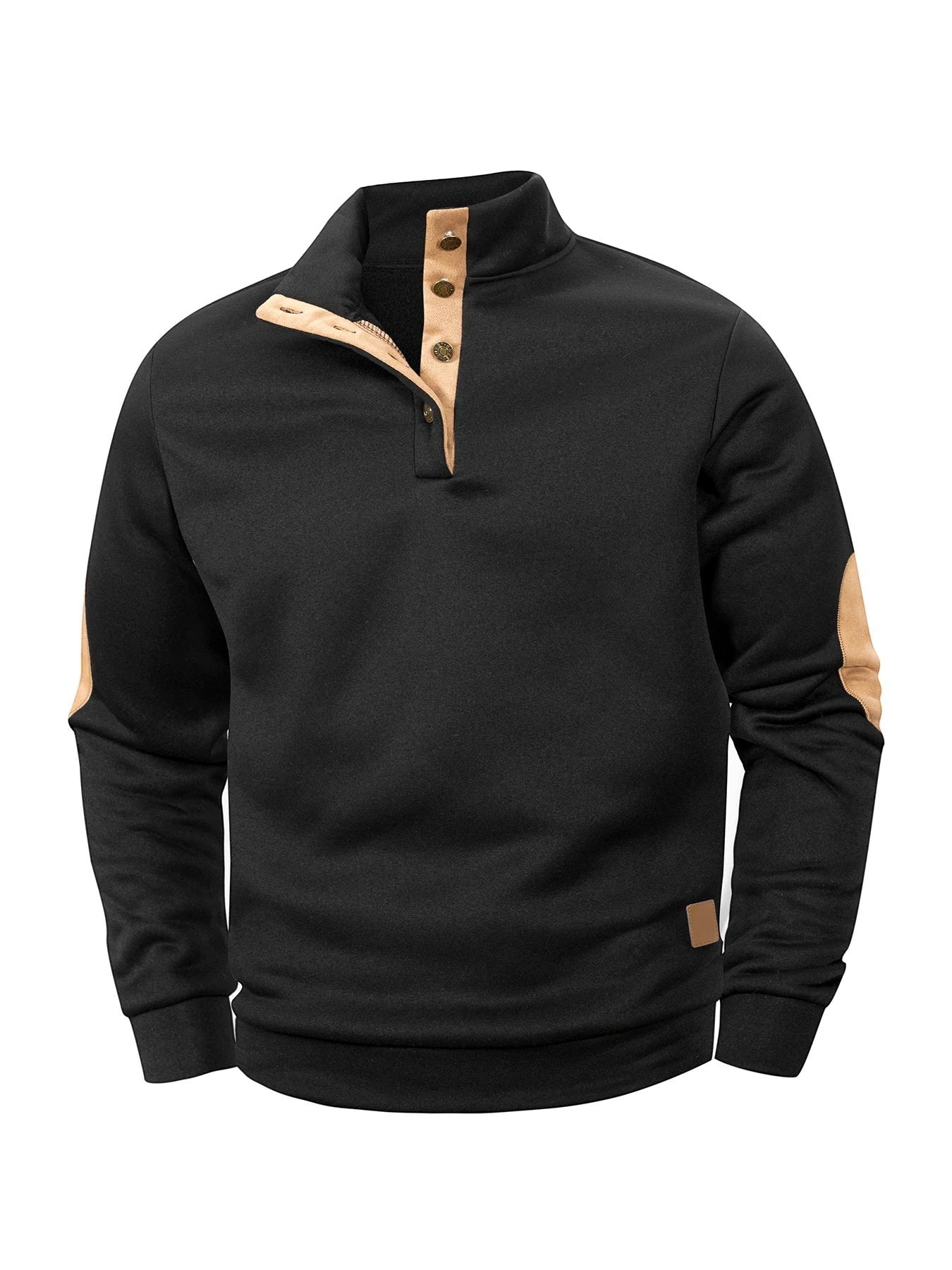 Pull-over AKJ Fashion noir 100% coton avec col à boutons et empiècements contrastants aux coudes