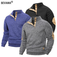 AKJ Fashion Pull-over homme 100% coton bleu chiné avec coudières en daim, col boutonné, coupe moderne et respirante.