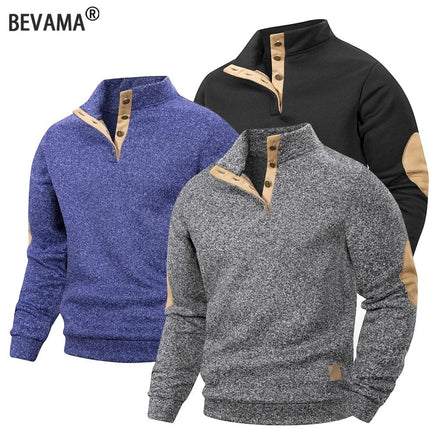 AKJ Fashion Pull-over homme 100% coton bleu chiné avec coudières en daim, col boutonné, coupe moderne et respirante.