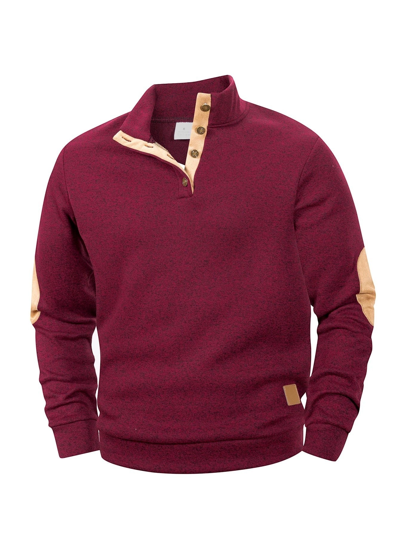 Pull-over AKJ Fashion bordeaux en coton avec col à boutons et coudières contrastantes