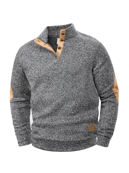 AKJ Fashion pull-over homme gris chiné 100% coton avec coudières et col à boutons