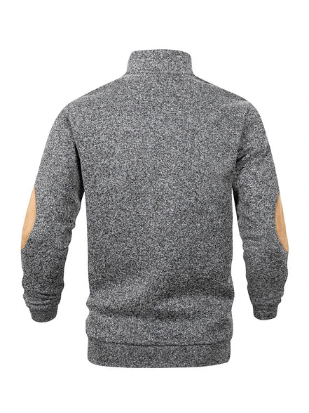 AKJ Fashion pull-over homme gris chiné 100% coton avec écussons aux coudes, col rond, coupe moderne
