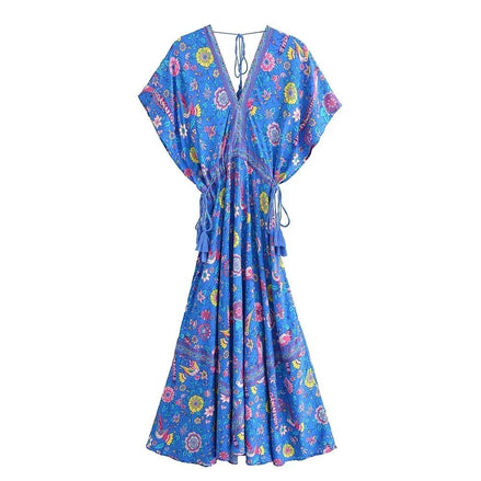 AKJ Fashion robe longue bleue imprimé floral, col V, manches chauve-souris, ceinture à pompons, style bohème