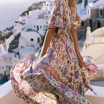 AKJ Fashion robe longue d'été bohème à col V, imprimé floral multicolore, manches courtes évasées, coupe fluide, idéale pour la plage ou la ville.