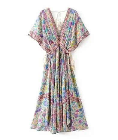 Robe longue AKJ Fashion à col V, manches papillon, imprimé floral multicolore, style bohème, idéale pour l'été.