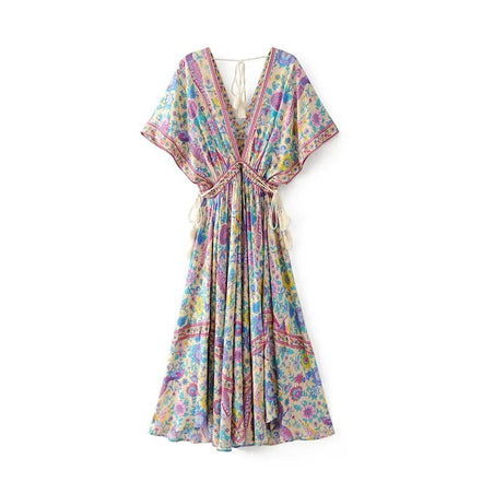 AKJ Fashion robe longue bohème d'été à col V, imprimé floral multicolore, manches papillon, cordon de serrage à pompons