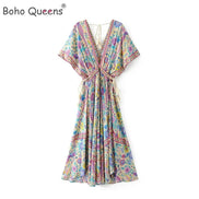 Robe longue AKJ Fashion à col V et imprimé floral multicolore, manches papillon, cordon de serrage à pompons, style bohème