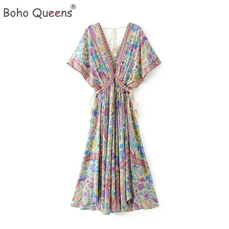 Robe longue AKJ Fashion à col V et imprimé floral multicolore, manches papillon, cordon de serrage à pompons, style bohème