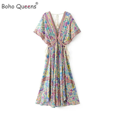 Robe longue AKJ Fashion à col V et imprimé floral multicolore, manches papillon, cordon de serrage à pompons, style bohème