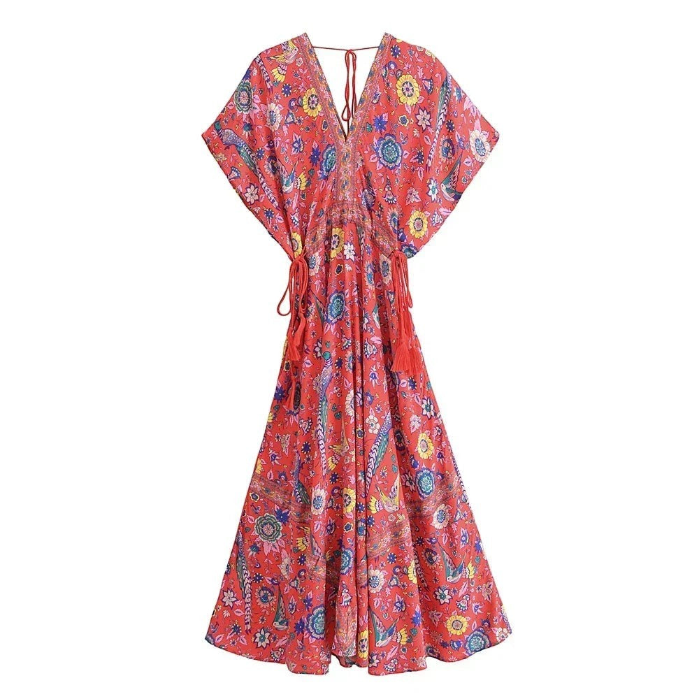 AKJ Fashion robe longue rouge imprimé floral, col V, manches chauve-souris, style bohème, idéale été.