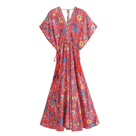 AKJ Fashion robe longue rouge imprimé floral, col V, manches chauve-souris, style bohème, idéale été.