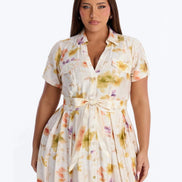 AKJ Fashion robe chemise midi à imprimé floral aquarelle, ceinture à nouer, manches courtes, boutonnée, tissu léger