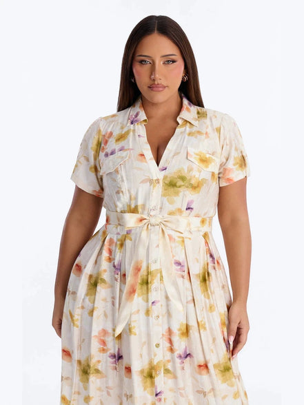 AKJ Fashion robe chemise midi à imprimé floral aquarelle, ceinture à nouer, manches courtes, boutonnée, tissu léger