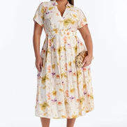 AKJ Fashion robe chemise midi à imprimé floral aquarelle, ceinture à nouer, manches courtes, boutonnée, tissu léger