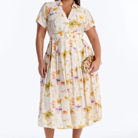 AKJ Fashion robe chemise midi à imprimé floral aquarelle, ceinture à nouer, manches courtes, boutonnée, tissu léger