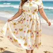 AKJ Fashion robe chemise midi écru à imprimé floral aquarelle pastel, manches courtes, boutonnée, avec ceinture