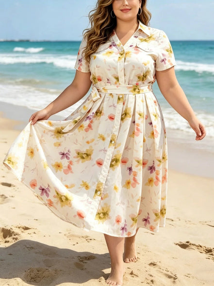 AKJ Fashion robe chemise midi écru à imprimé floral aquarelle pastel, manches courtes, boutonnée, avec ceinture
