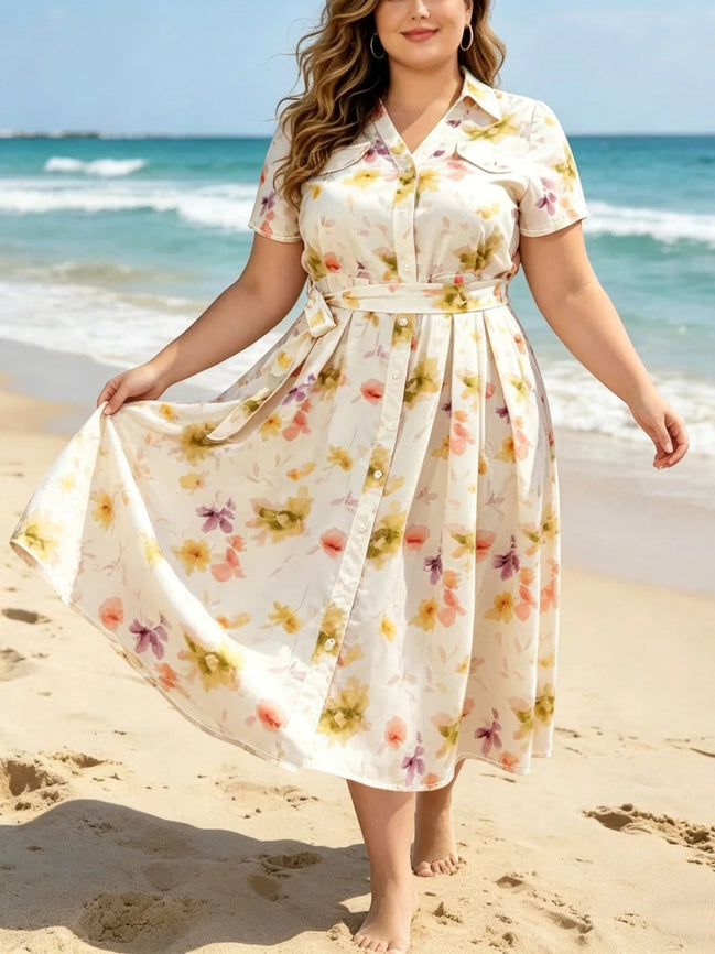 AKJ Fashion robe chemise midi écru à imprimé floral aquarelle pastel, manches courtes, boutonnée, avec ceinture