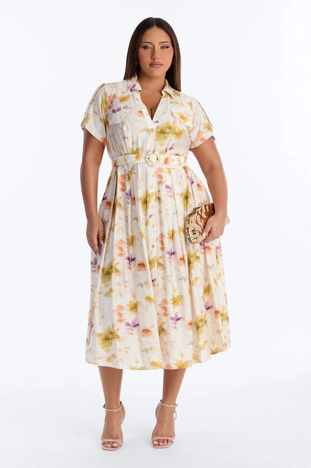 AKJ Fashion robe chemise midi à imprimé floral aquarelle, ceinture à nouer, manches courtes, boutonnée, tissu léger.