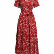 AKJ Fashion robe longue d’été rouge à imprimé floral blanc, col en V, manches courtes, ceinture à nouer, style portefeuille
