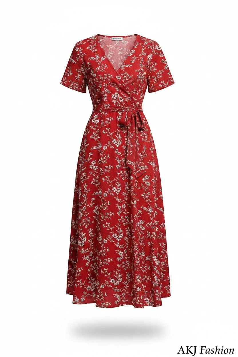 AKJ Fashion robe longue d’été rouge à imprimé floral blanc, col en V, manches courtes, ceinture à nouer, style portefeuille