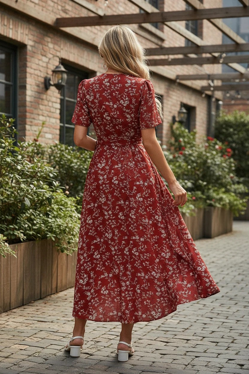 AKJ Fashion robe longue d'été rouge imprimé floral blanc, manches courtes, col en V, ceinture à nouer, fluide et légère.