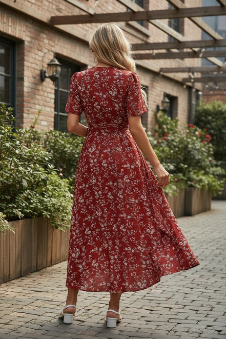 AKJ Fashion robe longue d'été rouge imprimé floral blanc, manches courtes, col en V, ceinture à nouer, fluide et légère.