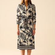 AKJ Fashion robe longue à imprimé tropical noir et blanc, manches longues, ceinture, col chemise, pour femme.