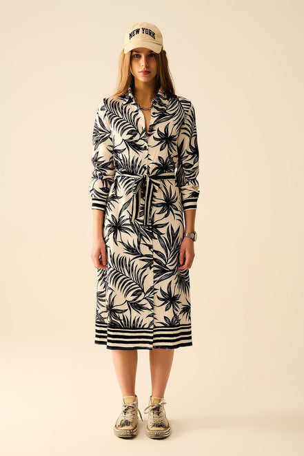 AKJ Fashion robe longue à imprimé tropical noir et blanc, manches longues, ceinture, col chemise, pour femme.