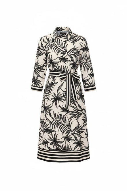 AKJ Fashion robe à manches longues imprimé tropical noir et blanc, avec ceinture à rayures et bordure contrastante.