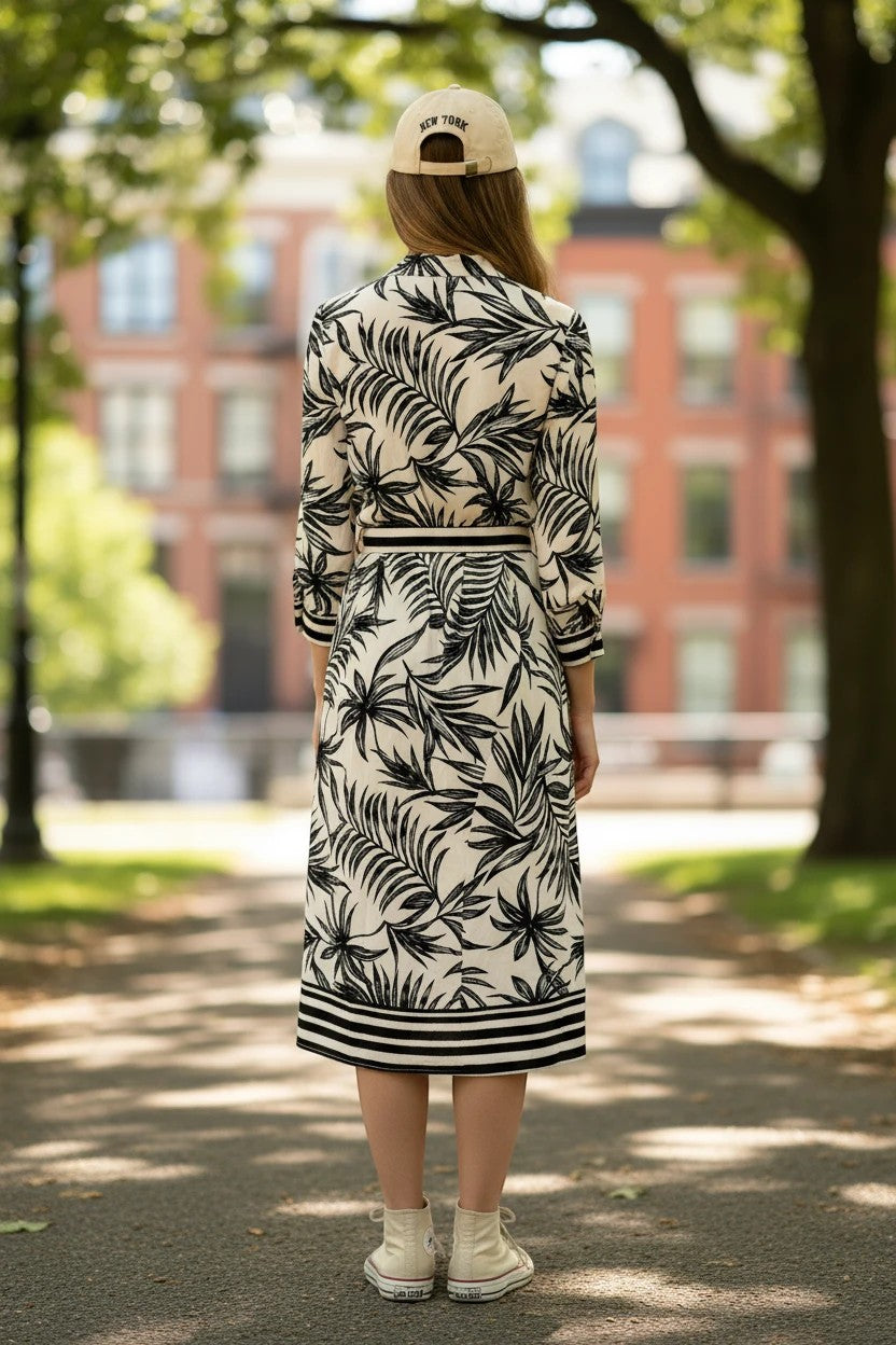 AKJ Fashion robe longue à imprimé tropical noir et blanc, manches longues, ceinture noire, avec un bonnet beige 