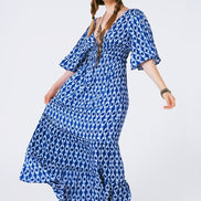 AKJ Fashion Robe longue bohème bleue et blanche à imprimé tie-dye, dos nu, manches évasées, 100% viscose