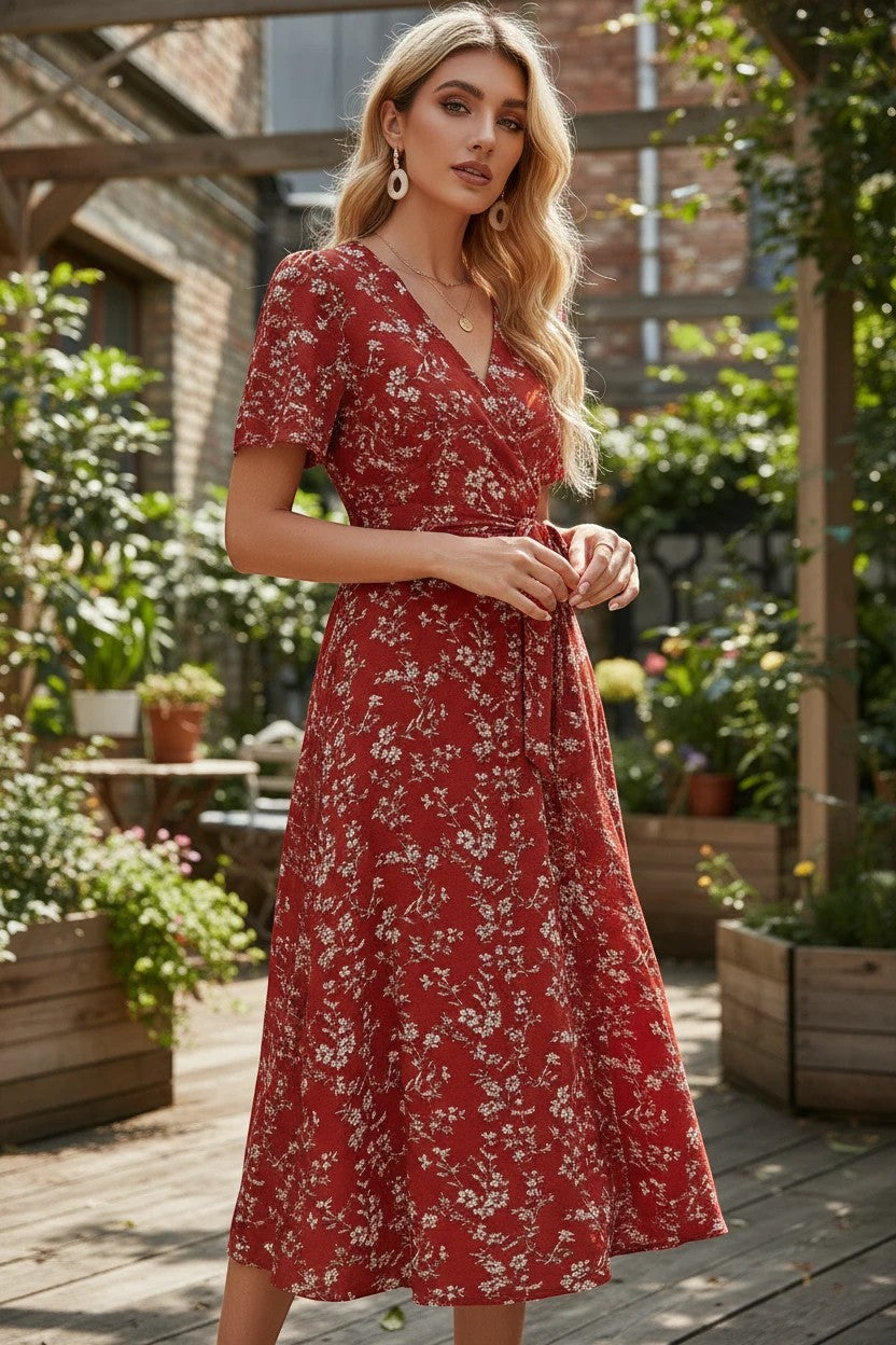 AKJ Fashion robe portefeuille longue d'été rouge imprimé floral blanc, manches courtes, ceinture nouée, style féminin et frais.