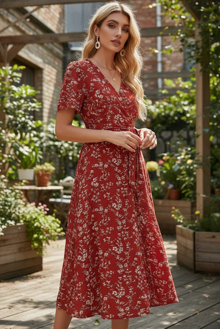 AKJ Fashion robe portefeuille longue d'été rouge imprimé floral blanc, manches courtes, ceinture nouée, style féminin et frais.
