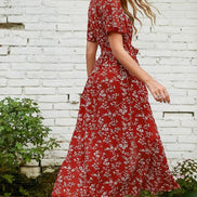 AKJ Fashion robe longue d'été rouge à imprimé floral blanc, manches courtes, col en V, style bohème