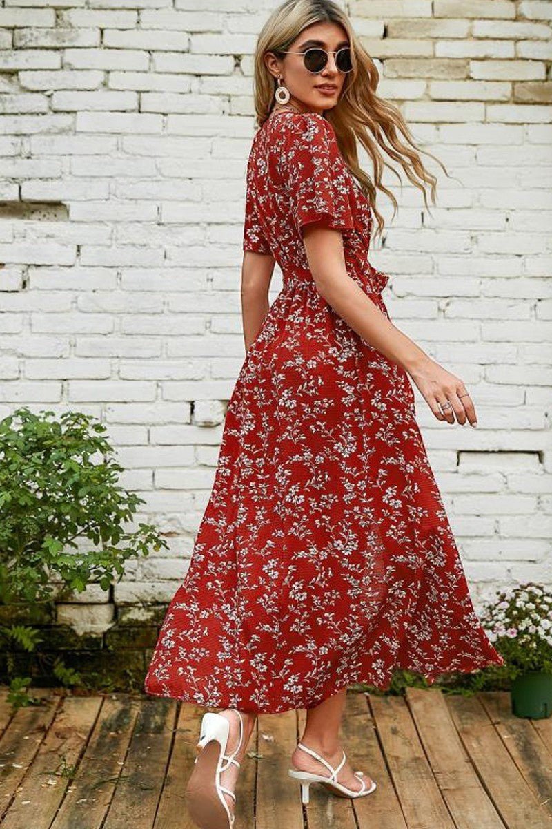 AKJ Fashion robe longue d'été rouge à imprimé floral blanc, manches courtes, col en V, style bohème