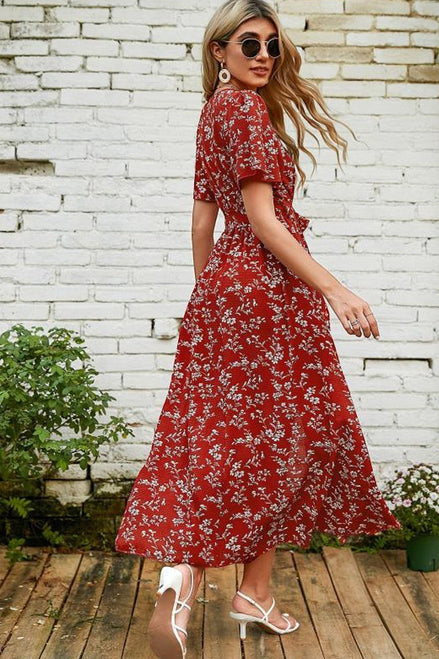 AKJ Fashion robe longue d'été rouge à imprimé floral blanc, manches courtes, col en V, style bohème