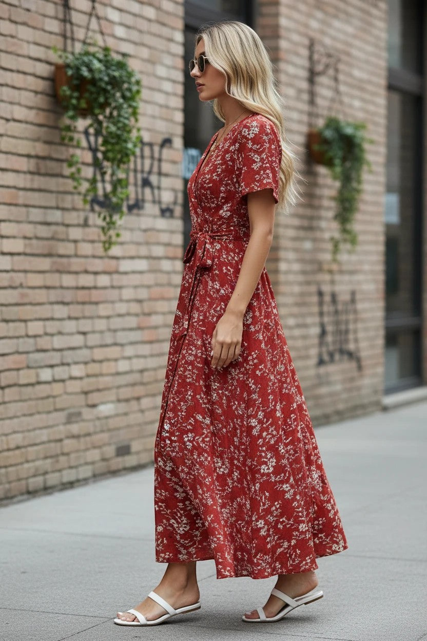 AKJ Fashion robe longue d'été rouge imprimé floral blanc, manches courtes, ceinture à nouer, style bohème chic.