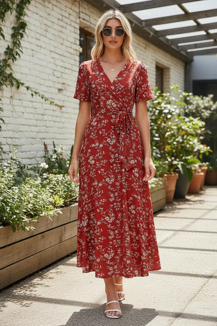 AKJ Fashion robe longue d'été rouge imprimé floral blanc, col en V, manches courtes, ceinture à nouer, fluide et légère.
