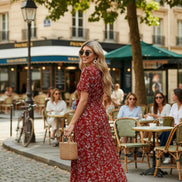 AKJ Fashion robe longue d’été rouge à imprimé floral blanc, manches courtes, coupe fluide, idéale pour un look féminin et frais.